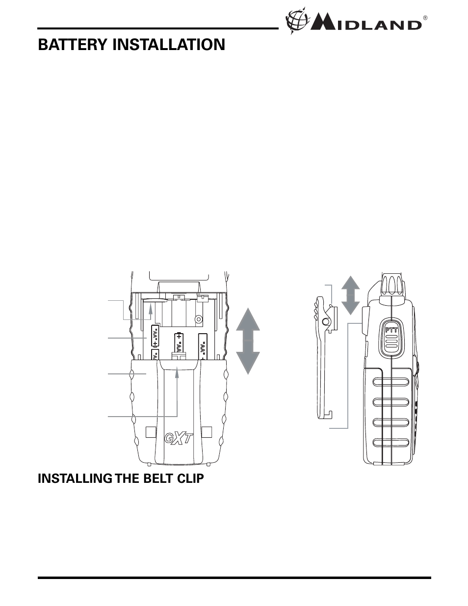 Battery installation | MIDLAND GXT300/325/310/400/450 User Manual | Page 6 / 20