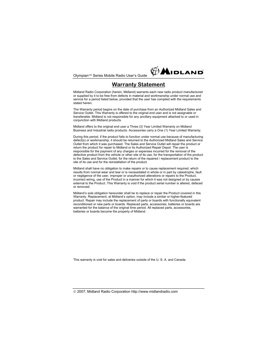 Warranty statement | Midland Radio OLYMPIANTM SERIES MO-4128 User Manual | Page 27 / 28