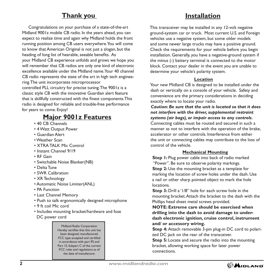 Major 9001z features installation | MIDLAND 9001z User Manual | Page 2 / 11