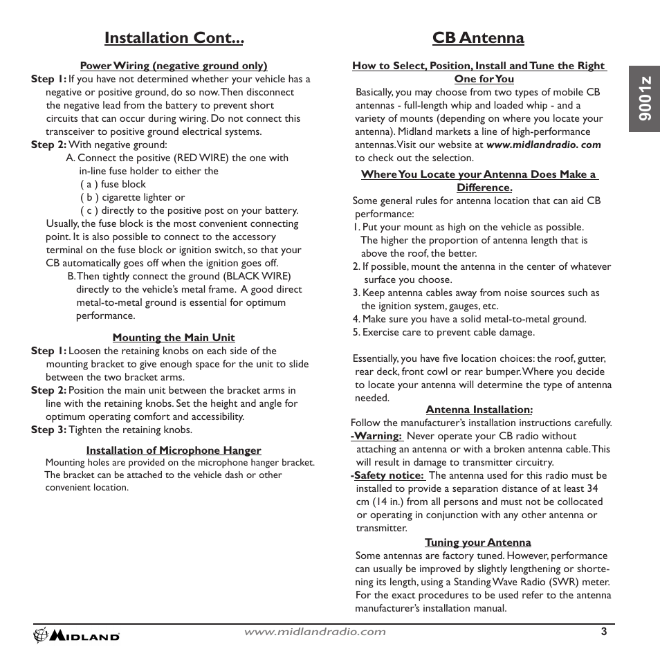 90 0 1 z installation cont, Cb antenna | MIDLAND 9001z User Manual | Page 3 / 11