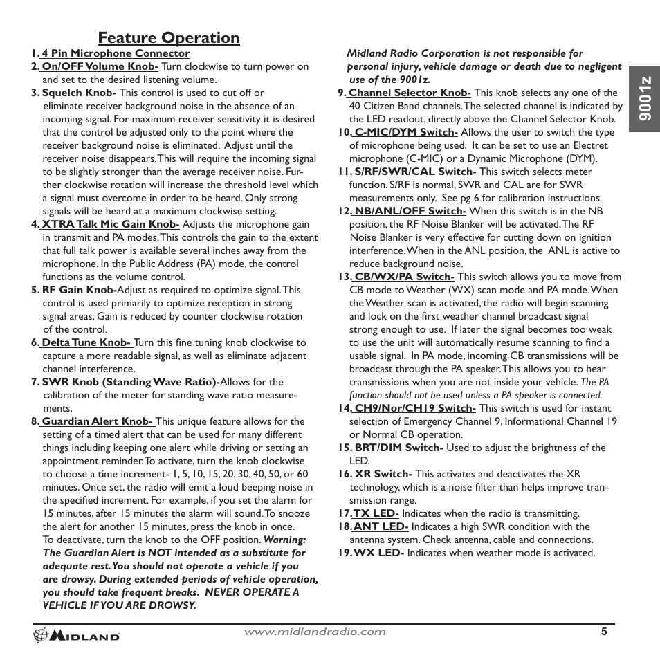 90 0 1 z, Feature operation | MIDLAND 9001z User Manual | Page 5 / 11
