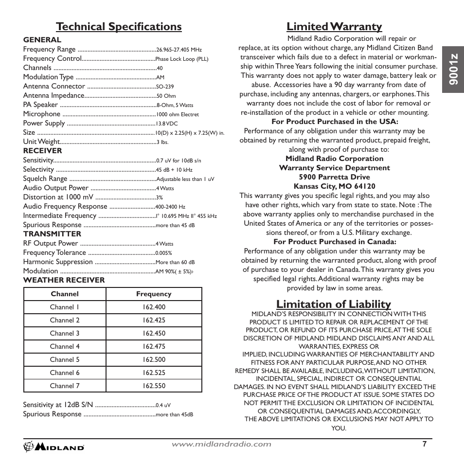 90 0 1 z technical speciﬁcations, Limited warranty, Limitation of liability | MIDLAND 9001z User Manual | Page 7 / 11