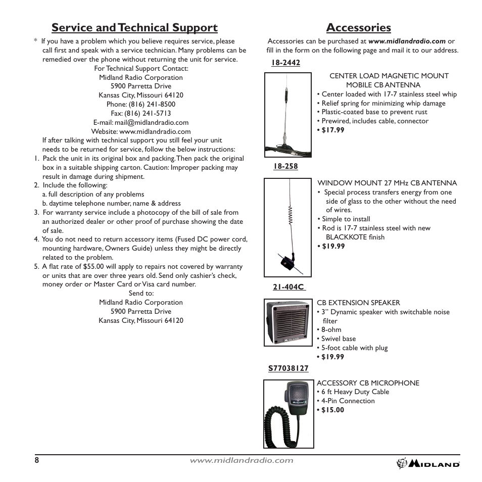 Accessories service and technical support | MIDLAND 9001z User Manual | Page 8 / 11
