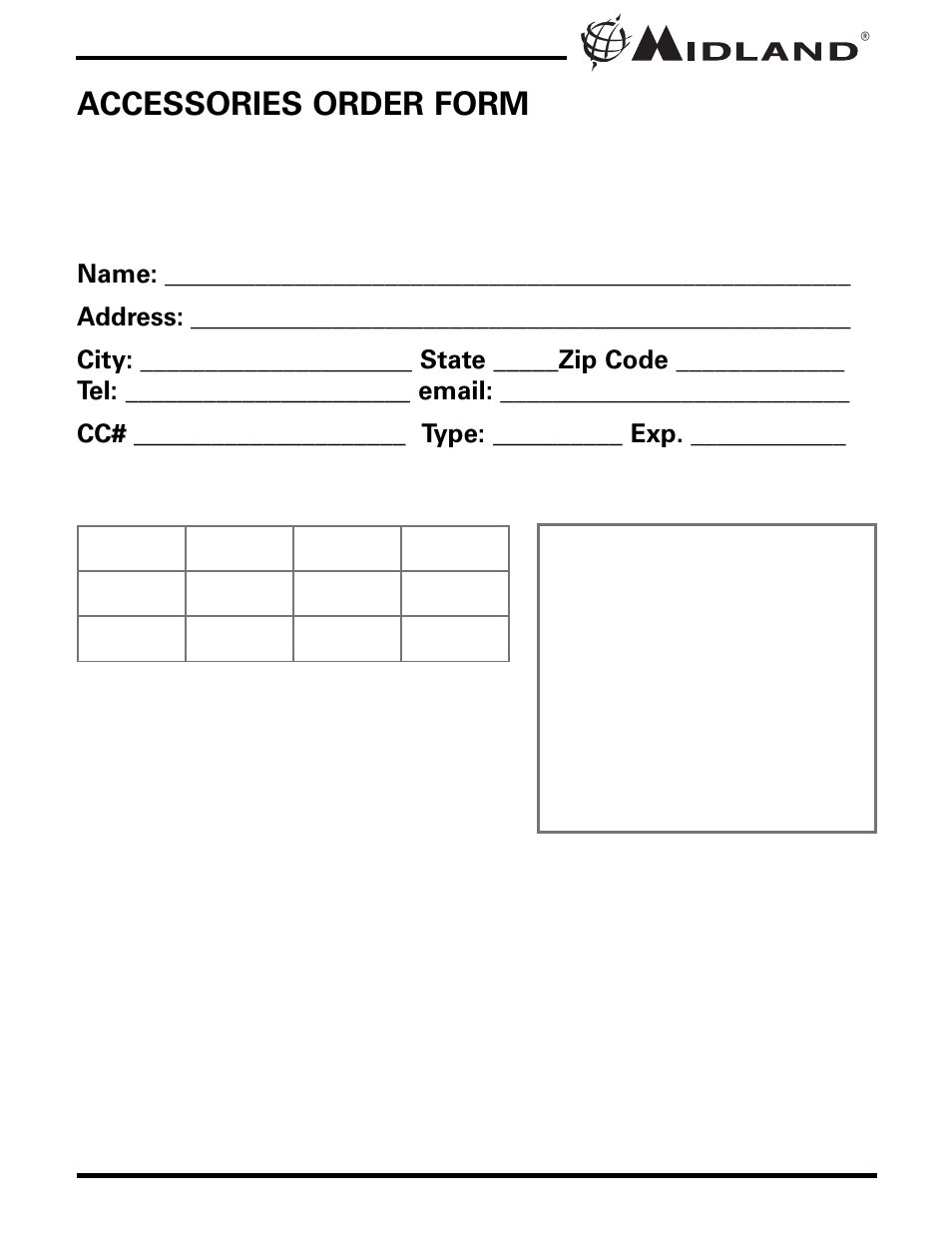 Accessories order form | MIDLAND LXT210/216/303/305/310/350/410/435 User Manual | Page 19 / 20