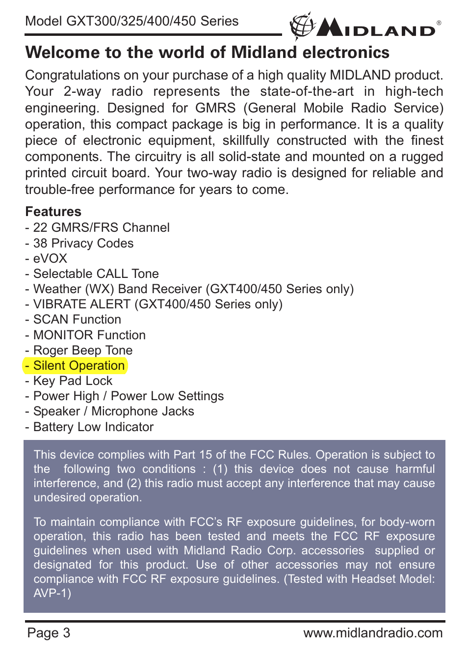 Welcome to the world of midland electronics | MIDLAND GXT300/325/400/450 User Manual | Page 2 / 5