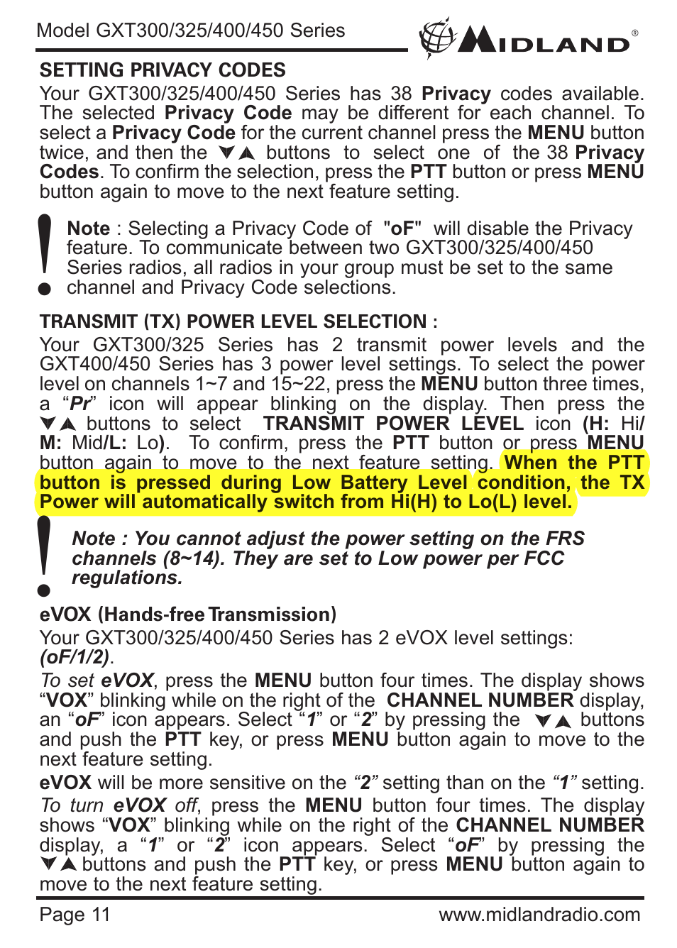 MIDLAND GXT300/325/400/450 User Manual | Page 5 / 5