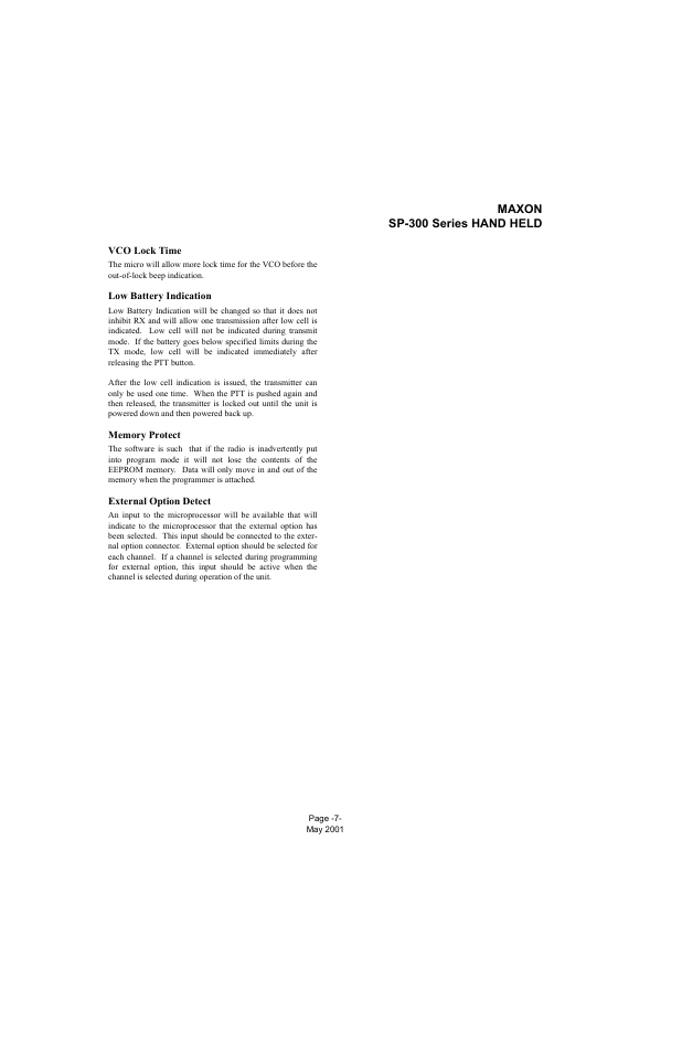 Vco lock time, Low battery indication, Memory protect | External option detect | Midland Radio SP-300 User Manual | Page 10 / 52