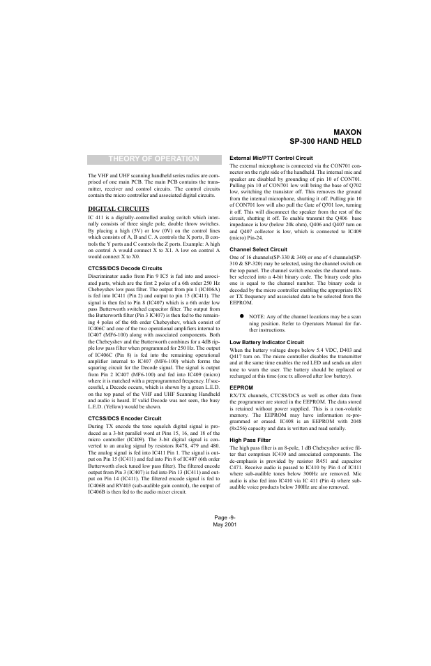 Theory of operation, Digital circuits, Ctcss/dcs decode circuits | Ctcss/dcs encoder circuit, External mic/ptt control circuit, Channel select circuit, Low battery indicator circuit, Eeprom, High pass filter, Maxon sp-300 hand held | Midland Radio SP-300 User Manual | Page 12 / 52