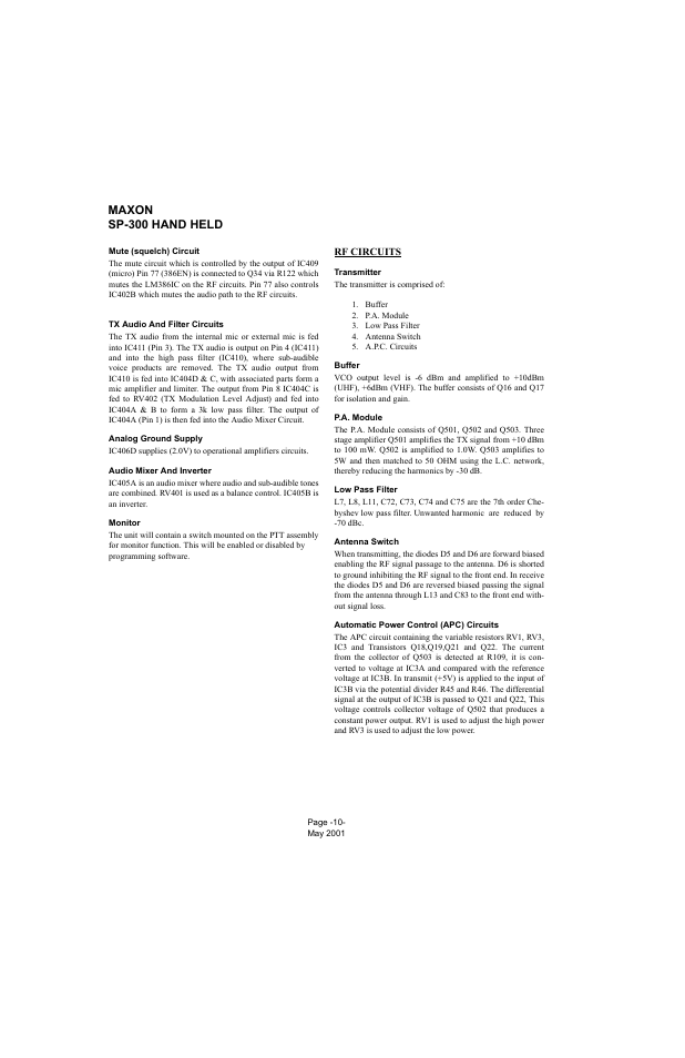 Mute (squelch) circuit, Tx audio and filter circuits, Analog ground supply | Audio mixer and inverter, Monitor, Rf circuits, Transmitter, Buffer, P.a. module, Low pass filter | Midland Radio SP-300 User Manual | Page 13 / 52