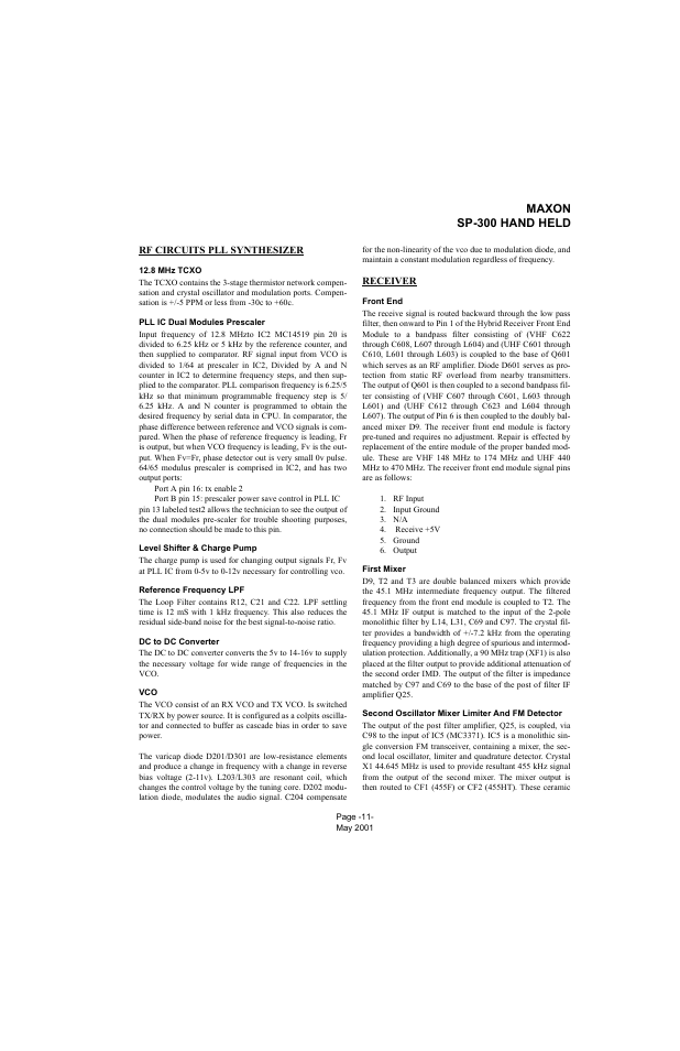 Rf circuits pll synthesizer, 8 mhz tcxo, Pll ic dual modules prescaler | Level shifter & charge pump, Reference frequency lpf, Dc to dc converter, Receiver, Front end, First mixer, Second oscillator mixer limiter and fm detector | Midland Radio SP-300 User Manual | Page 14 / 52