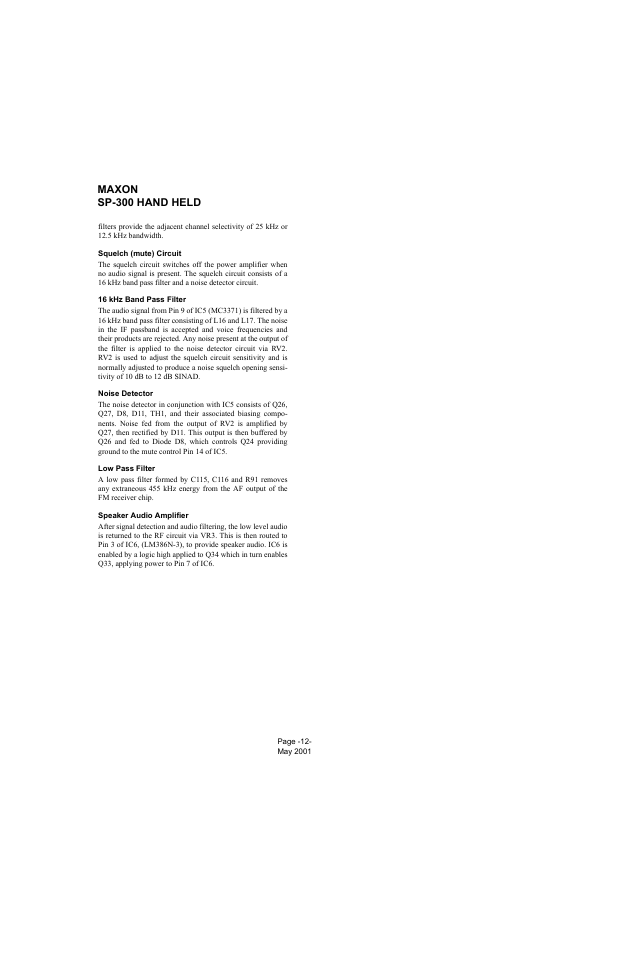 Squelch (mute) circuit, 16 khz band pass filter, Noise detector | Low pass filter, Speaker audio amplifier, Maxon sp-300 hand held | Midland Radio SP-300 User Manual | Page 15 / 52