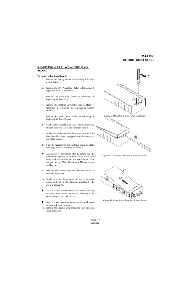Removing & replacing the main board, To remove the main board, Maxon sp-300 hand held | Midland Radio SP-300 User Manual | Page 20 / 52