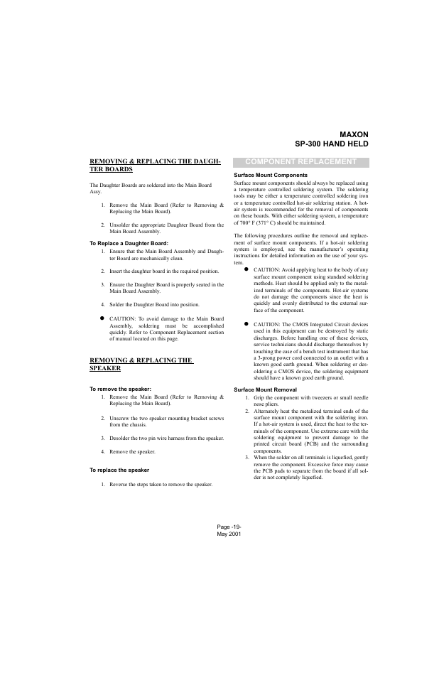 Removing & replacing the daughter boards, To replace a daughter board, Removing & replacing the speaker | To remove the speaker, To replace the speaker, Component replacement, Surface mount components, Surface mount removal, Maxon sp-300 hand held | Midland Radio SP-300 User Manual | Page 22 / 52