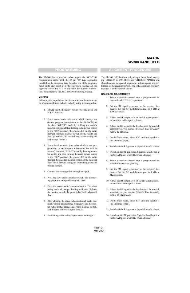 Programming, Cloning, Alignment procedure | Squelch adjustment, Maxon sp-300 hand held | Midland Radio SP-300 User Manual | Page 24 / 52