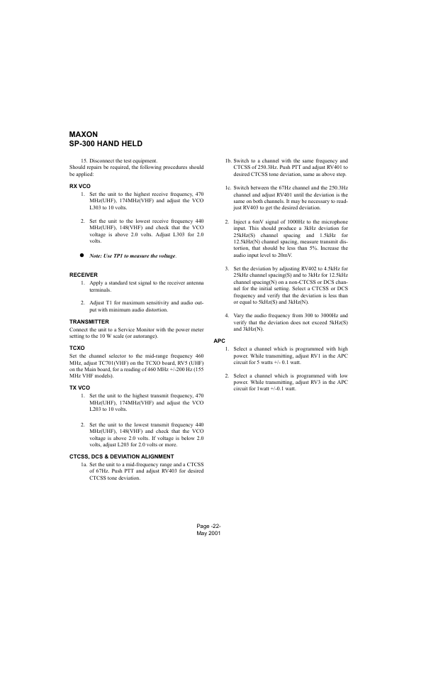 Rx vco, Receiver, Transmitter | Tcxo, Tx vco, Ctcss, dcs & deviation alignment, Maxon sp-300 hand held | Midland Radio SP-300 User Manual | Page 25 / 52