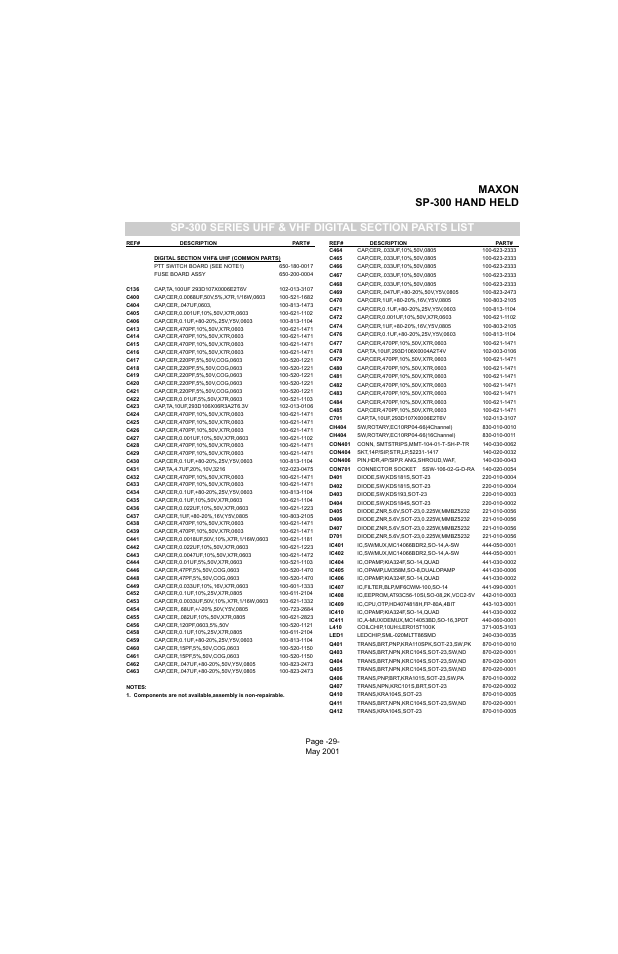 Sp-300 series uhf & vhf digital section parts list, Maxon sp-300 hand held | Midland Radio SP-300 User Manual | Page 32 / 52