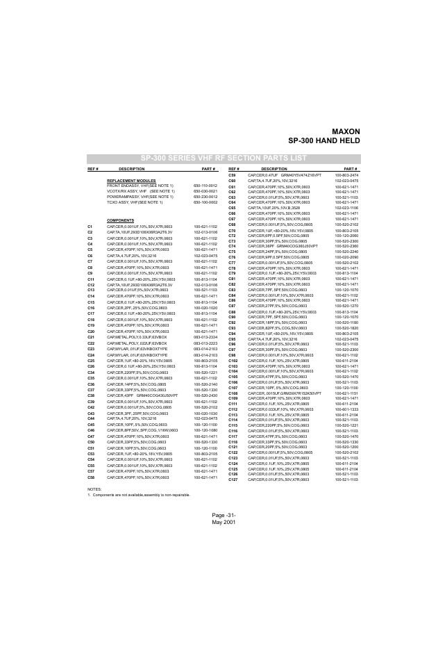 Sp-300 series vhf rf section parts list, Maxon sp-300 hand held | Midland Radio SP-300 User Manual | Page 34 / 52