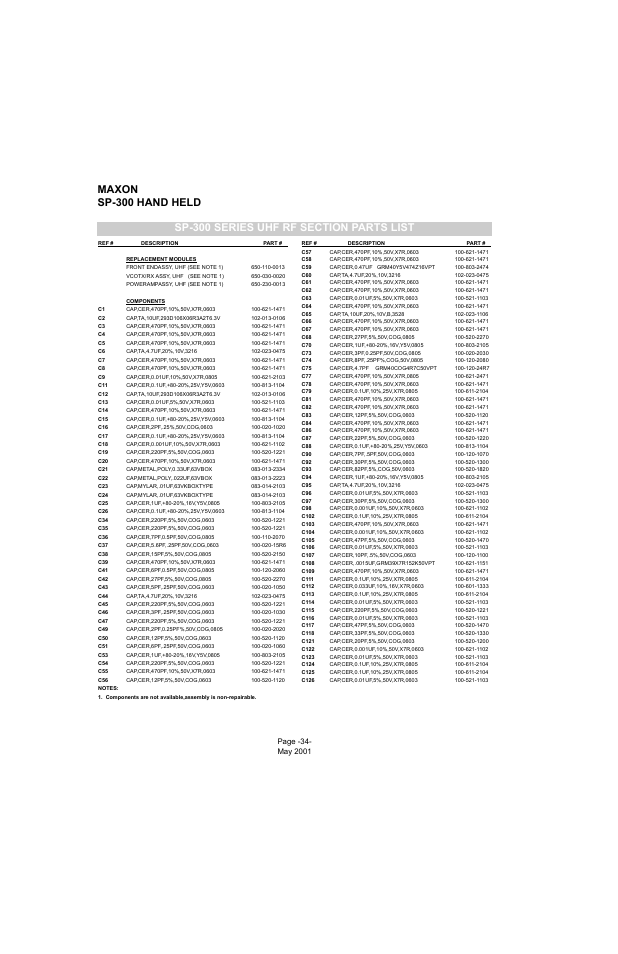 Sp-300 series uhf rf section parts list, Maxon sp-300 hand held | Midland Radio SP-300 User Manual | Page 37 / 52