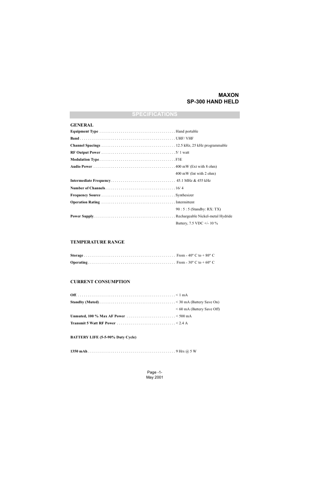 Specifications, General, Temperature range | Current consumption, Maxon sp-300 hand held specifications | Midland Radio SP-300 User Manual | Page 4 / 52