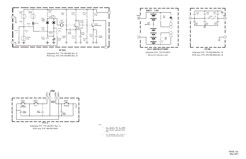 Tcxo, Acc-200 battery, Fuse | P.t.t, Batt 7.5v | Midland Radio SP-300 User Manual | Page 46 / 52