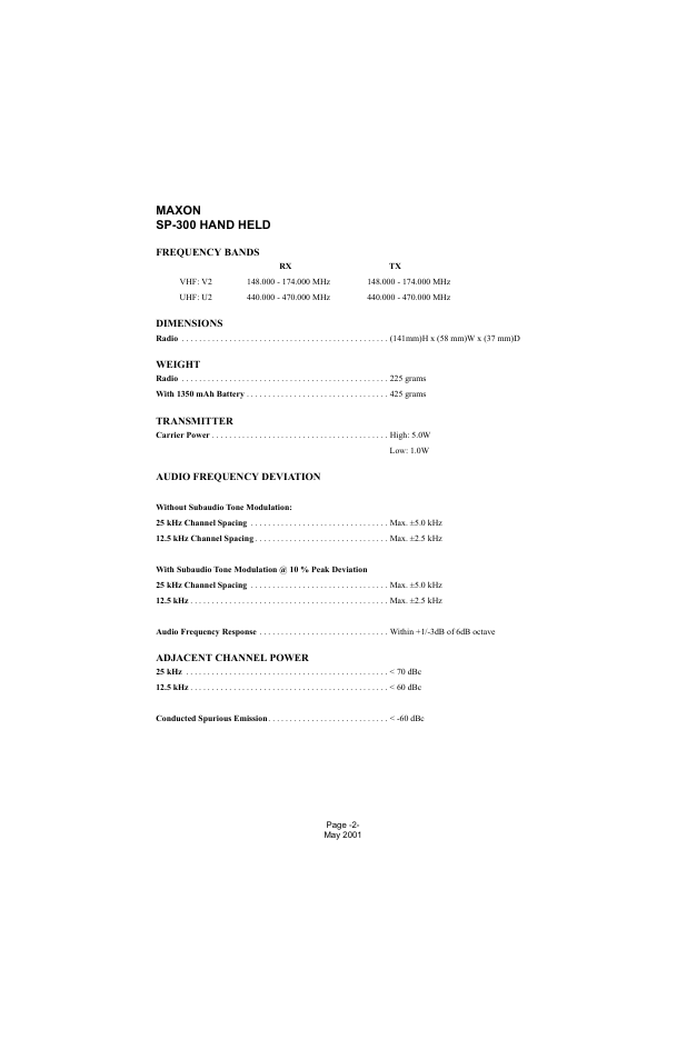 Frequency bands, Dimensions, Weight | Transmitter, Audio frequency deviation, Adjacent channel power, Maxon sp-300 hand held | Midland Radio SP-300 User Manual | Page 5 / 52