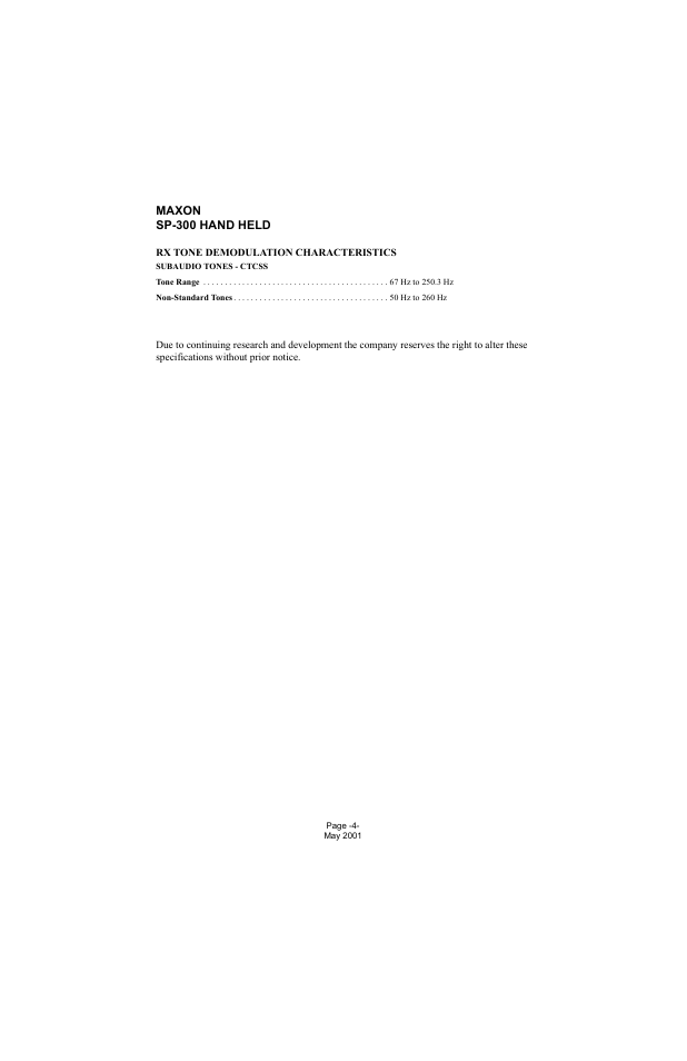 Rx tone demodulation characteristics, Maxon sp-300 hand held | Midland Radio SP-300 User Manual | Page 7 / 52
