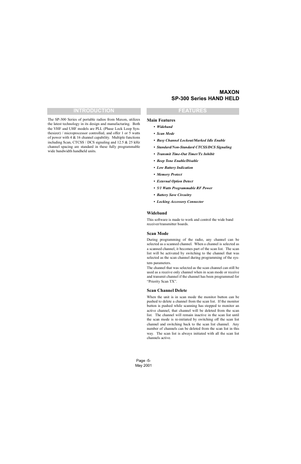 Introduction, Features, Main features | Wideband, Scan mode, Scan channel delete, Maxon sp-300 series hand held, Introduction features | Midland Radio SP-300 User Manual | Page 8 / 52