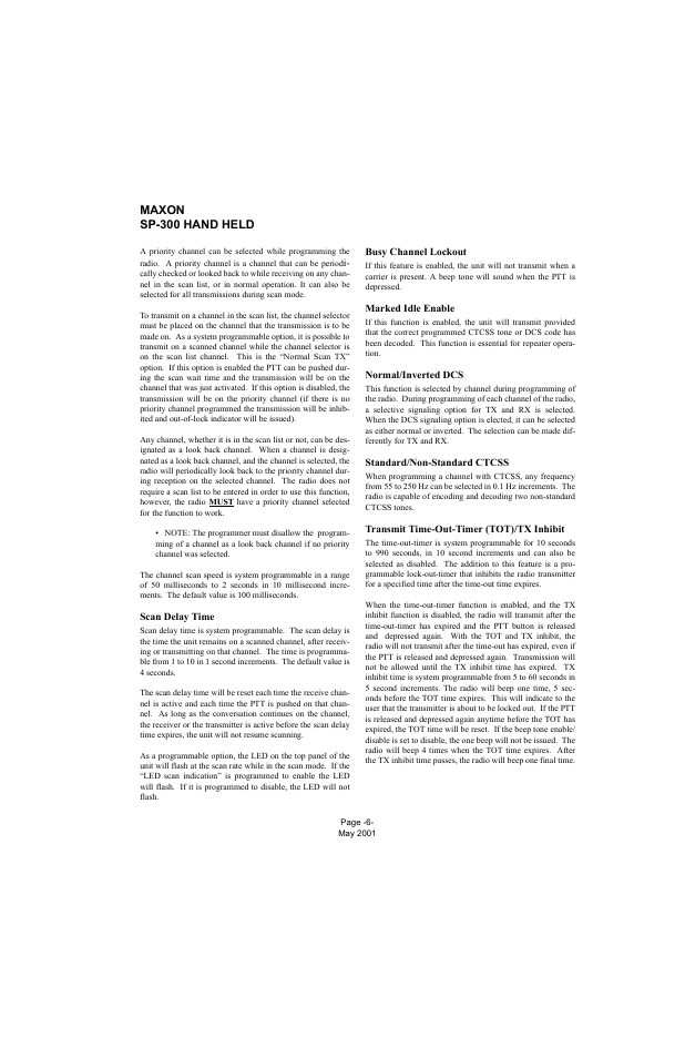 Scan delay time, Busy channel lockout, Marked idle enable | Normal/inverted dcs, Standard/non-standard ctcss, Transmit time-out-timer (tot)/tx inhibit, Maxon sp-300 hand held | Midland Radio SP-300 User Manual | Page 9 / 52
