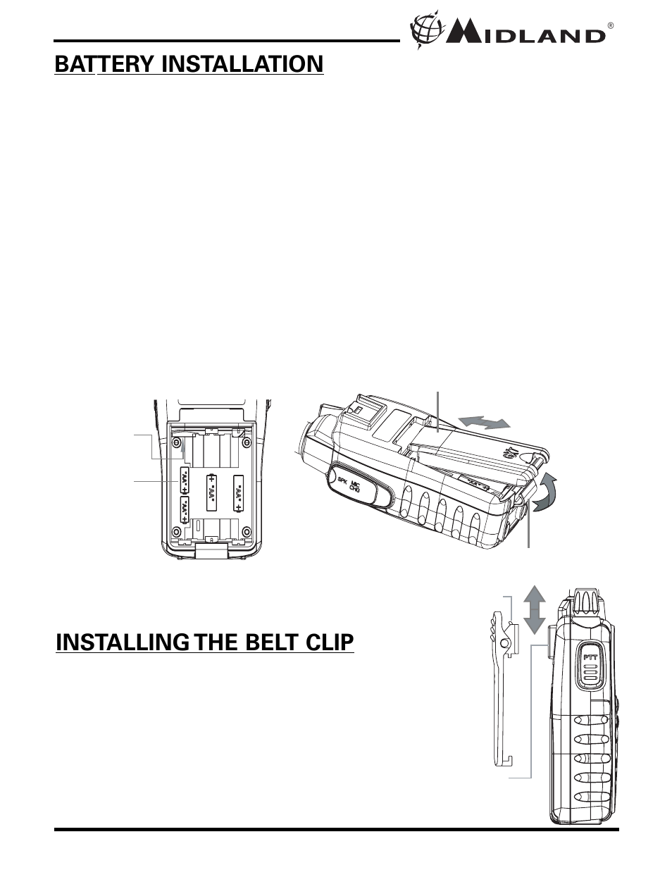 Battery installation, Installing the belt clip | MIDLAND GXT800/808/850 User Manual | Page 7 / 28