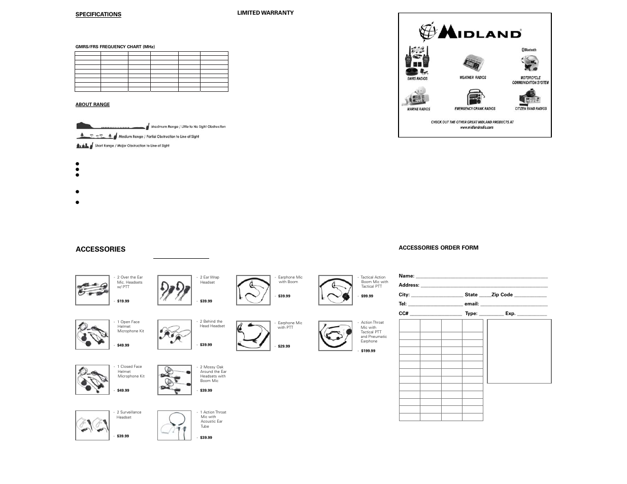 Midland-lxt114-hand-held-radios, Lxt114 owner's manual back, Accessories | Midland Radio LXT114 User Manual | Page 2 / 2