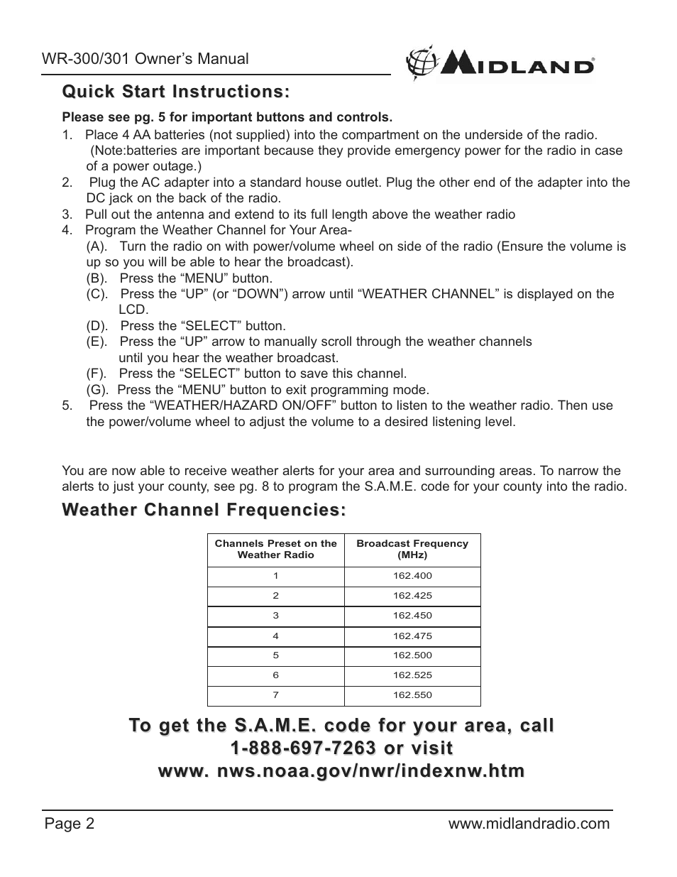 Quick start instructions, Weather channel frequencies | Midland Radio WR-300/301 User Manual | Page 2 / 24
