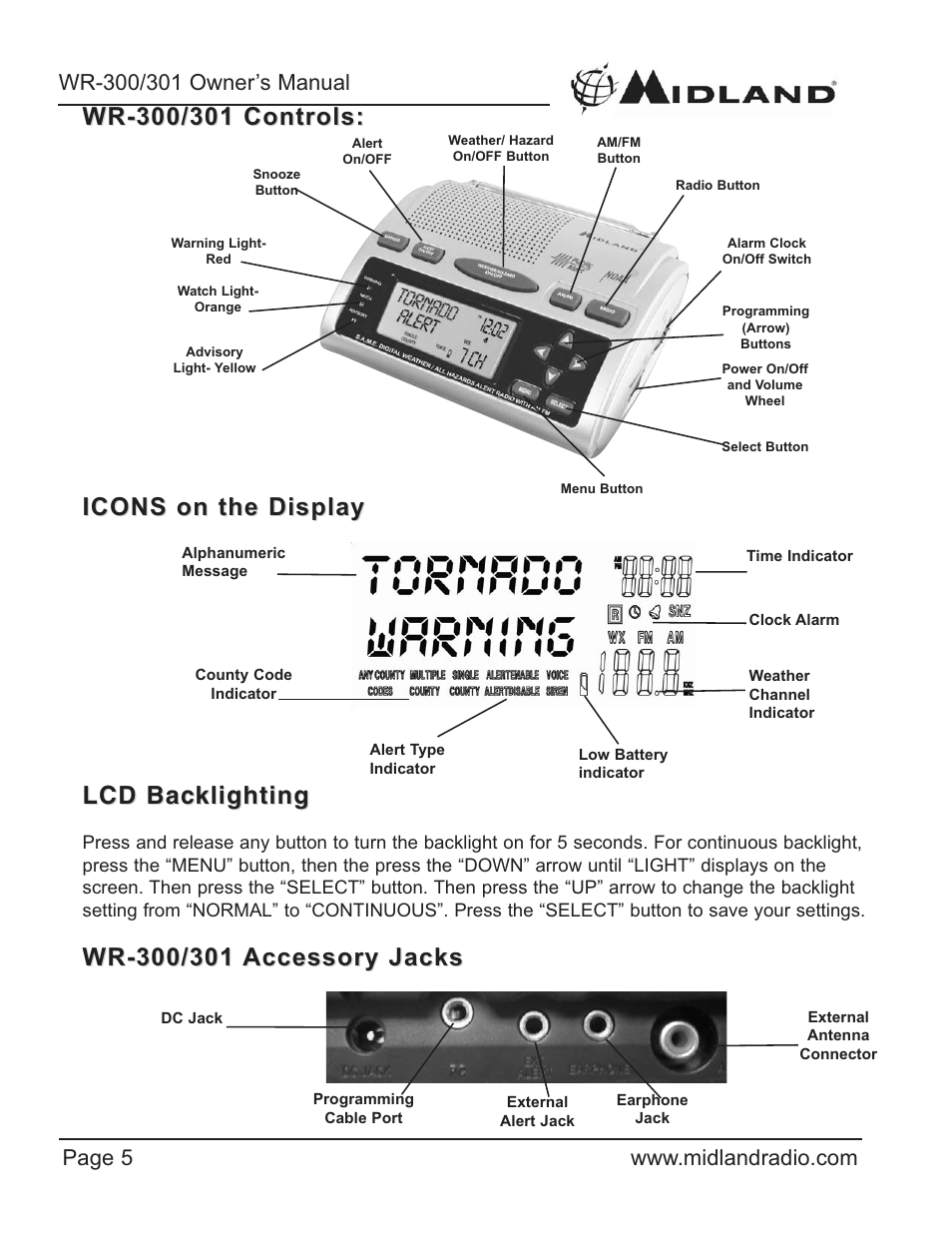 Icons on the display, Lcd backlighting | Midland Radio WR-300/301 User Manual | Page 5 / 24