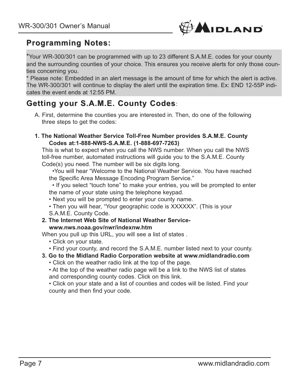 Getting your s.a.m.e. county codes | Midland Radio WR-300/301 User Manual | Page 7 / 24