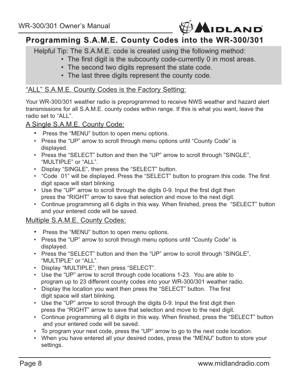 Midland Radio WR-300/301 User Manual | Page 8 / 24