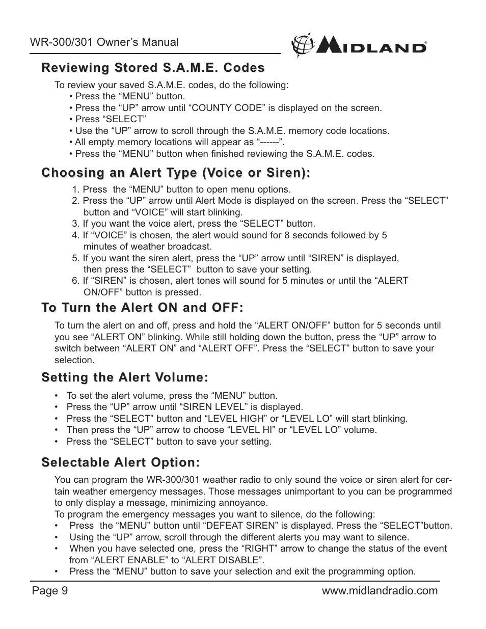 Midland Radio WR-300/301 User Manual | Page 9 / 24
