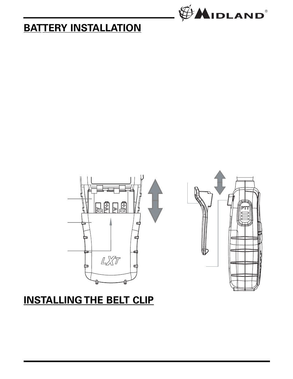 Battery installation, Installing the belt clip | Midland Radio LXT420 User Manual | Page 6 / 24