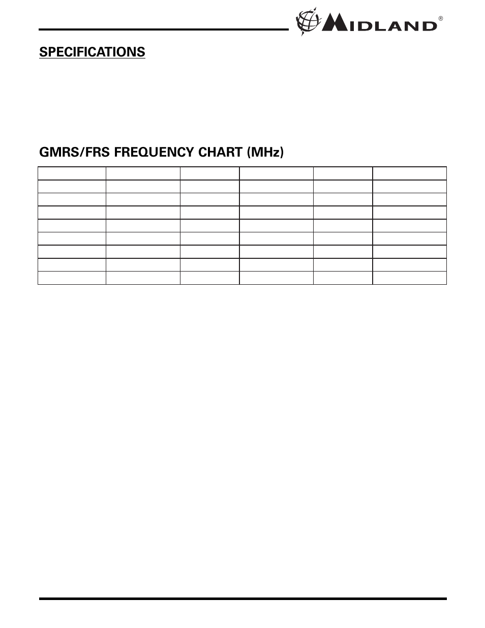 Gmrs/frs frequency chart (mhz) | MIDLAND LXT340/345 User Manual | Page 13 / 20