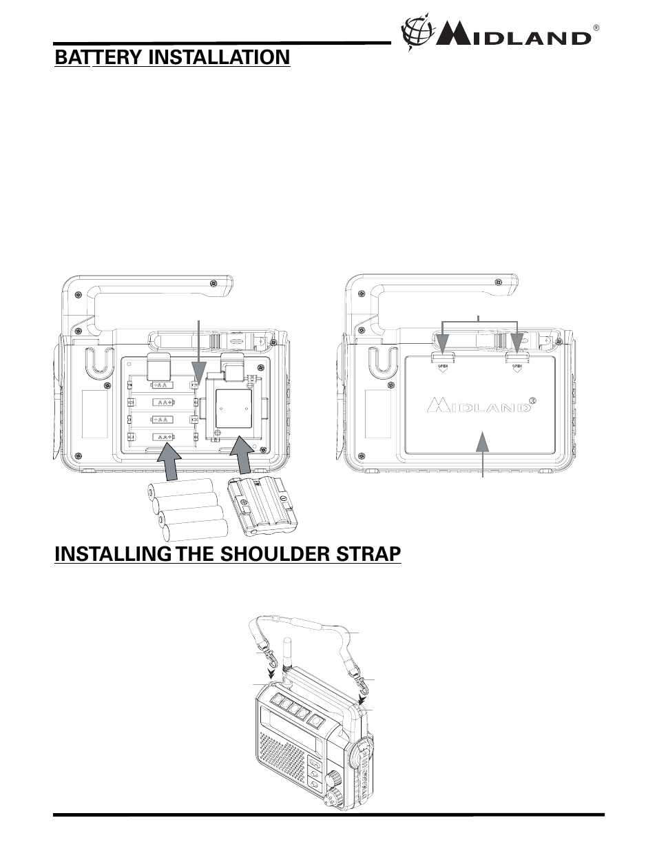 Battery installation, Installing the shoulder strap | MIDLAND XT511 User Manual | Page 8 / 28