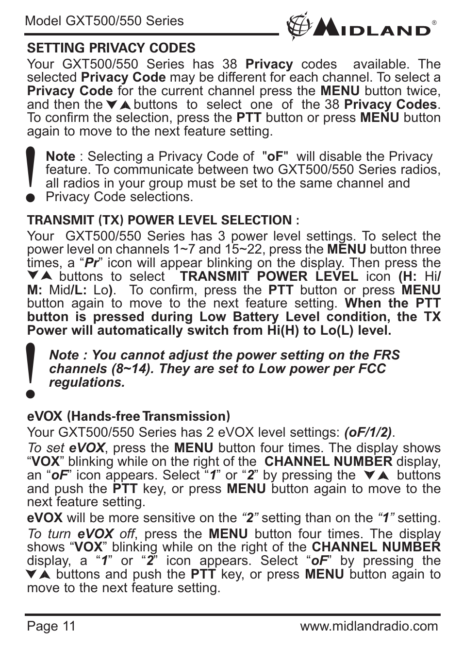 MIDLAND GXT500/550 User Manual | Page 11 / 20
