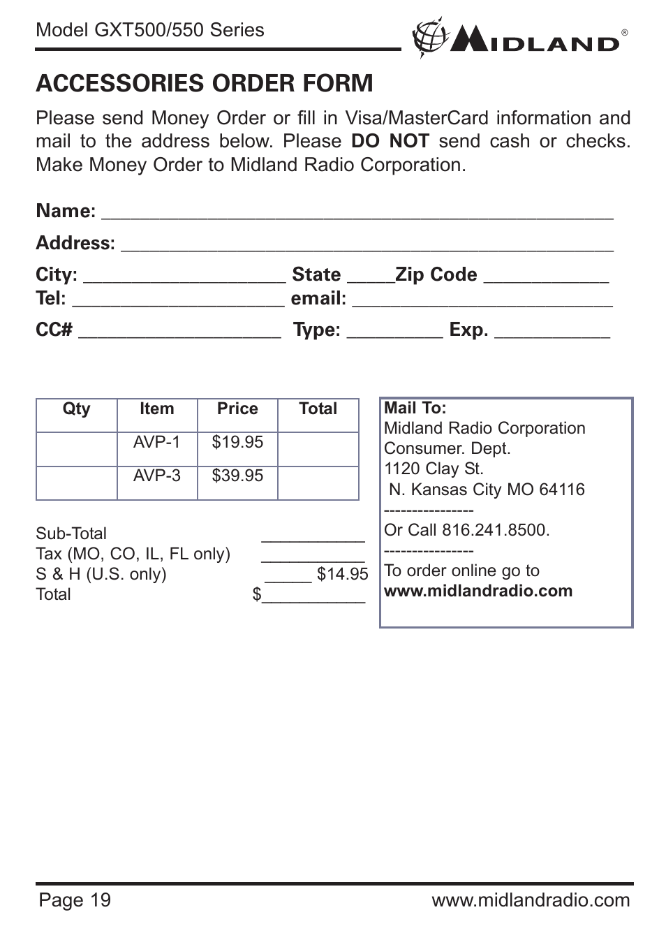 Accessories order form | MIDLAND GXT500/550 User Manual | Page 19 / 20