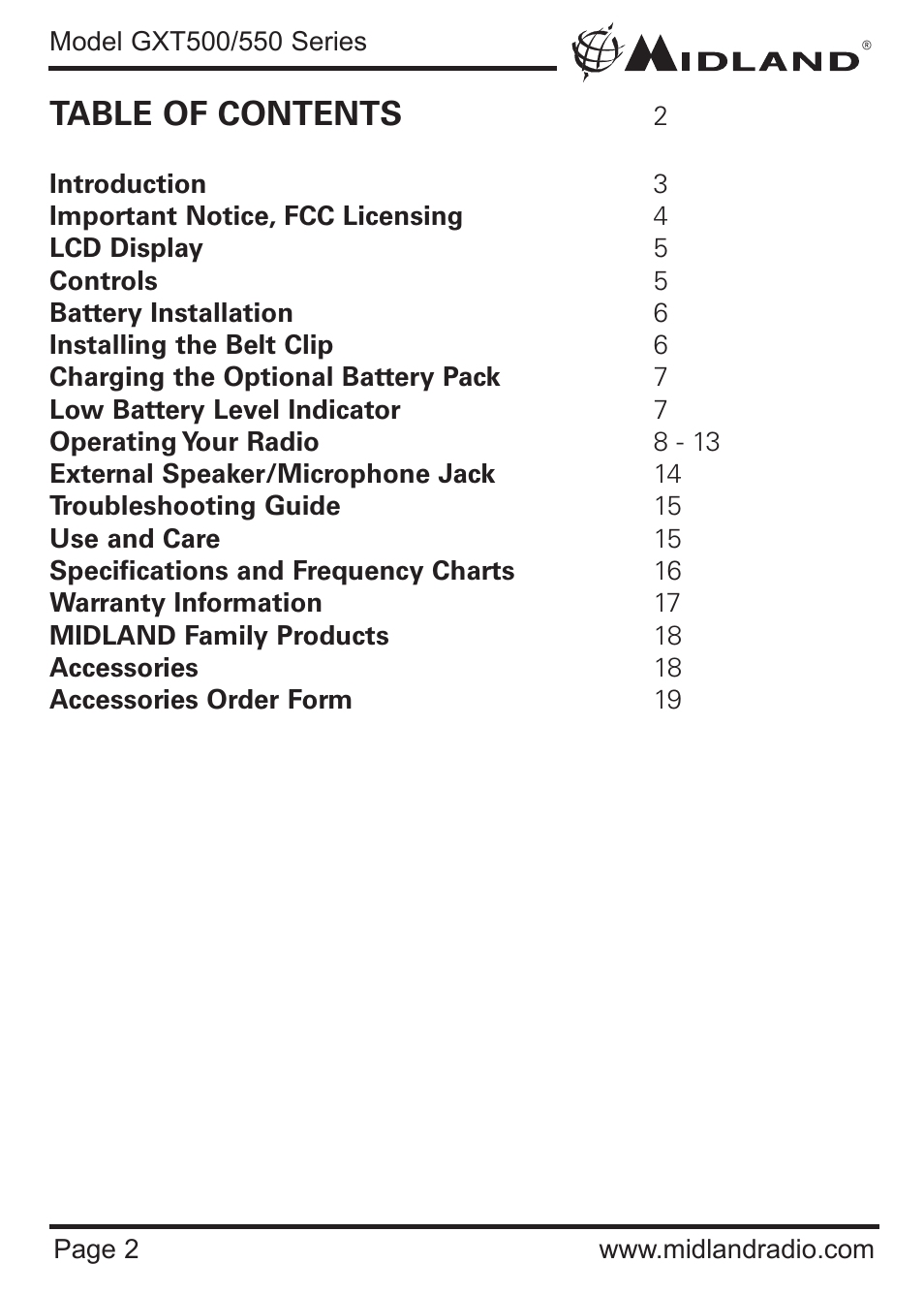 MIDLAND GXT500/550 User Manual | Page 2 / 20