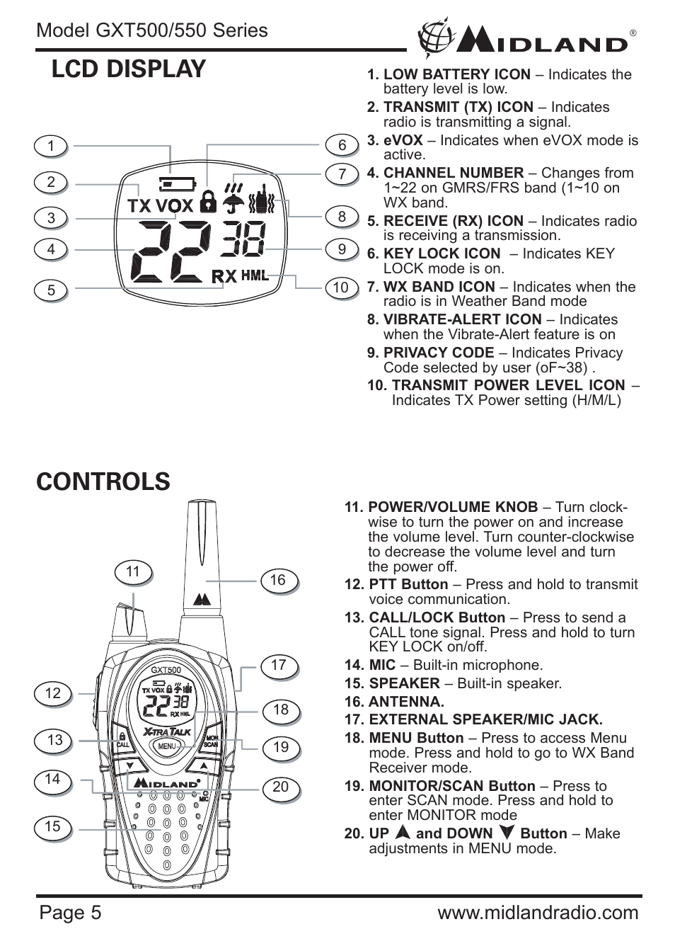 Controls lcd display | MIDLAND GXT500/550 User Manual | Page 5 / 20