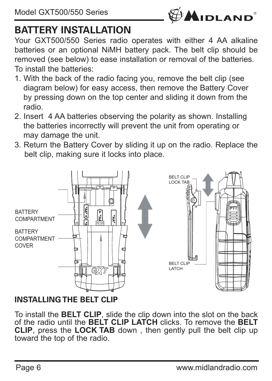 Battery installation | MIDLAND GXT500/550 User Manual | Page 6 / 20