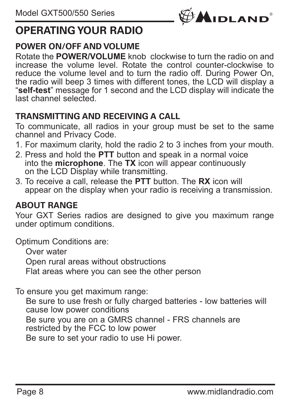 Operating your radio | MIDLAND GXT500/550 User Manual | Page 8 / 20