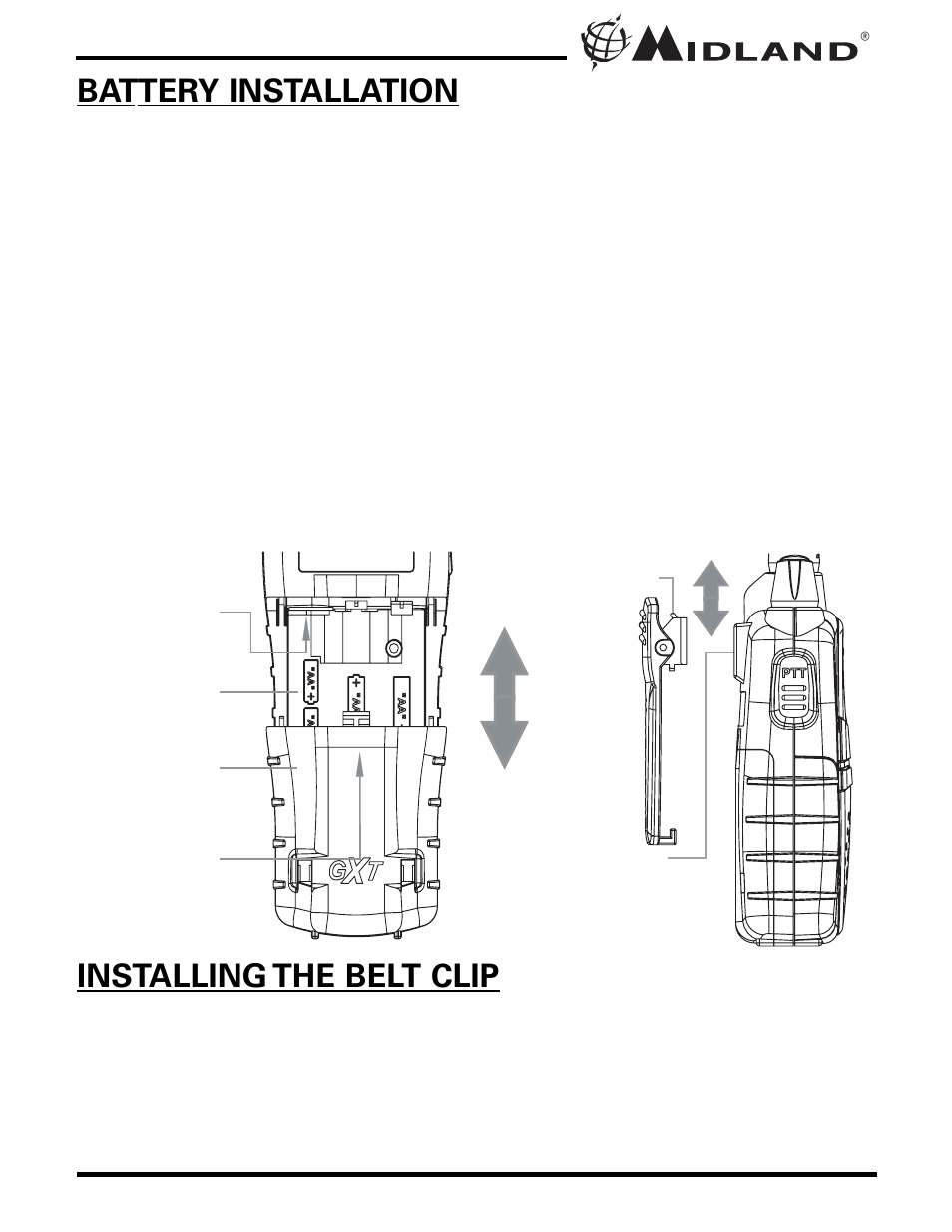Battery installation, Installing the belt clip | MIDLAND X-TRA TALK GXT771 User Manual | Page 6 / 20