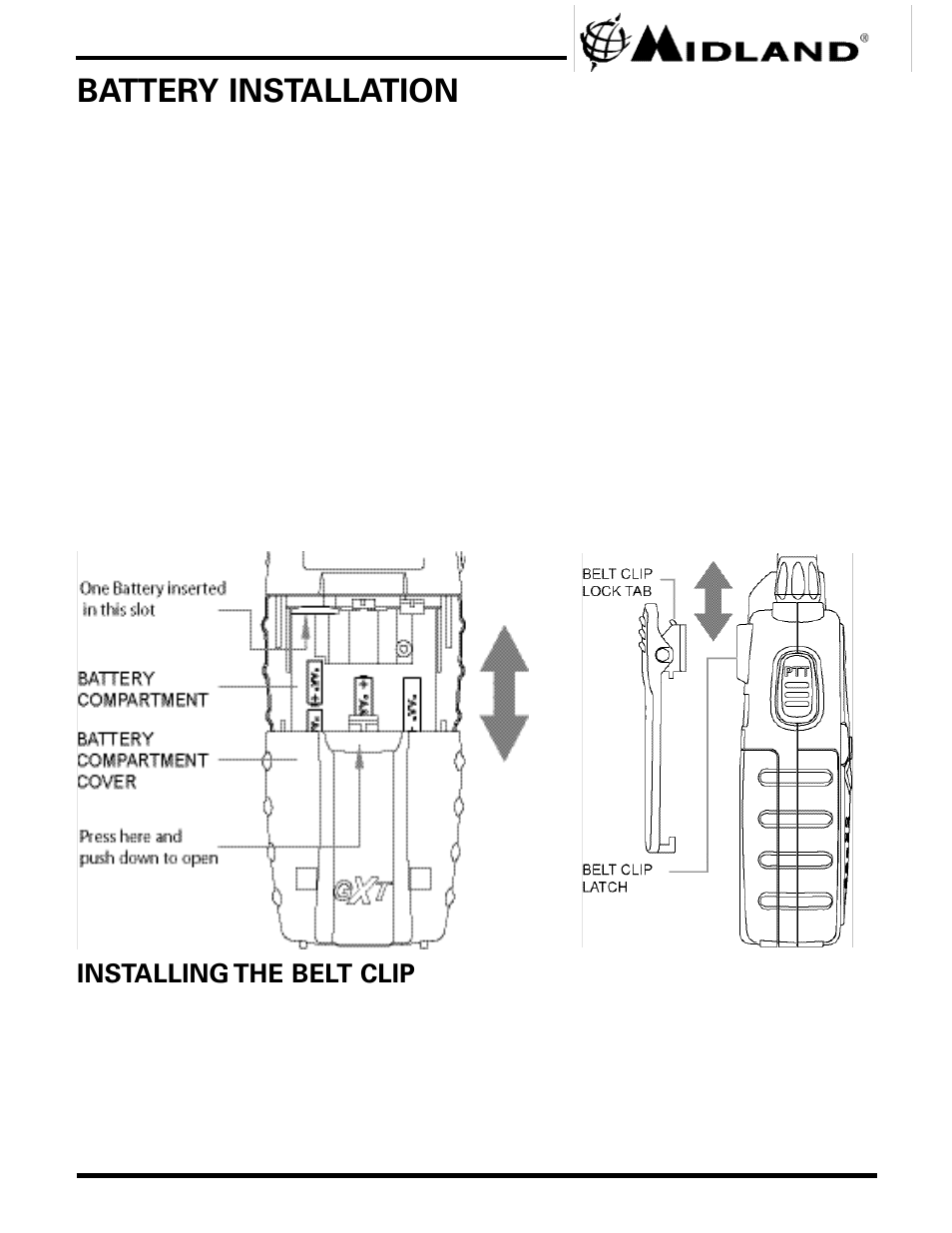 Battery installation | Midland Radio GXT444 User Manual | Page 6 / 16