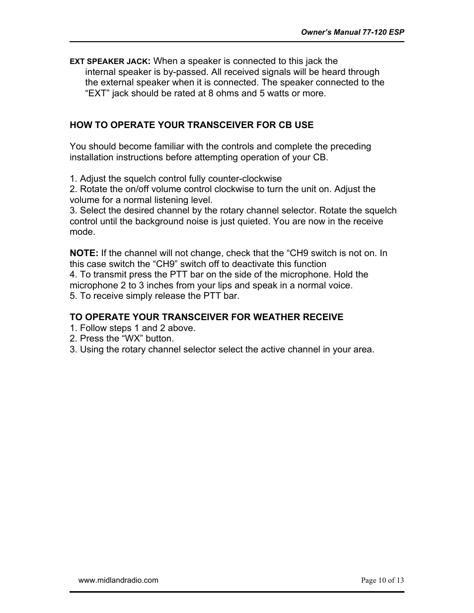 Back panel, Antennas connector, S-meter jack | Ext speaker jack, How to operate your transceiver for cb use | Midland Radio 77-120ESP User Manual | Page 10 / 13