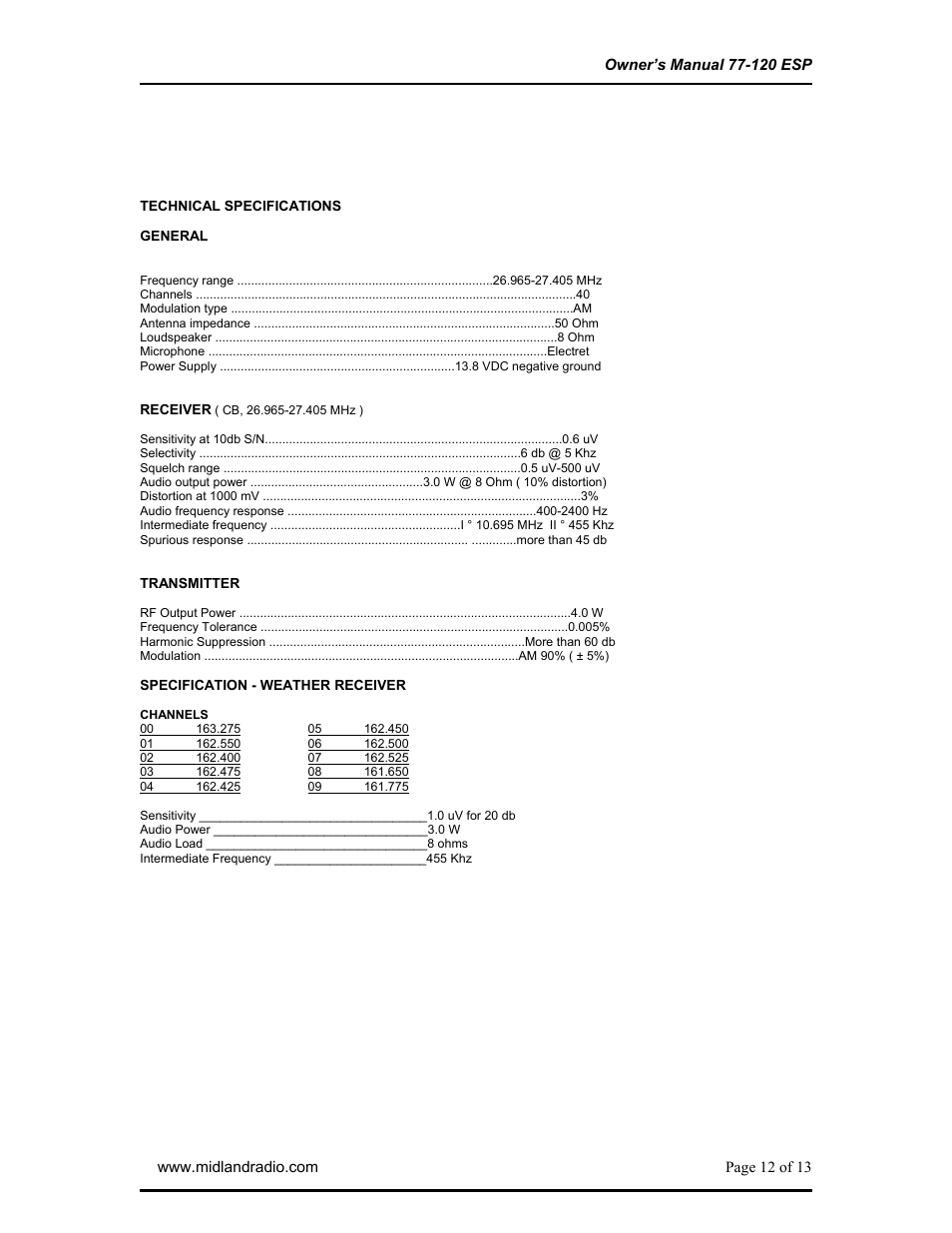 Technical data | Midland Radio 77-120ESP User Manual | Page 12 / 13