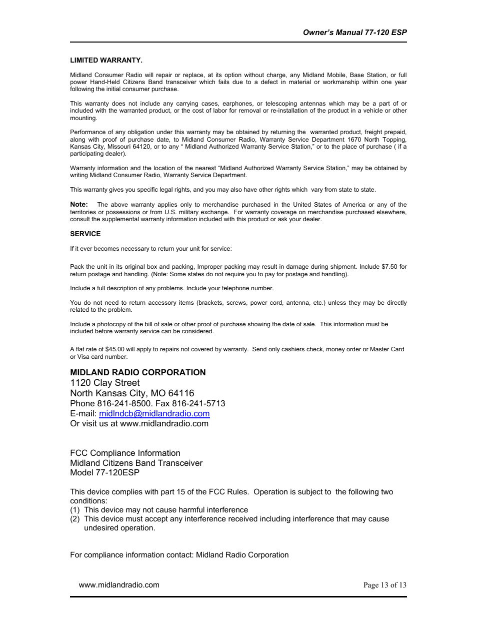 Warranty | Midland Radio 77-120ESP User Manual | Page 13 / 13
