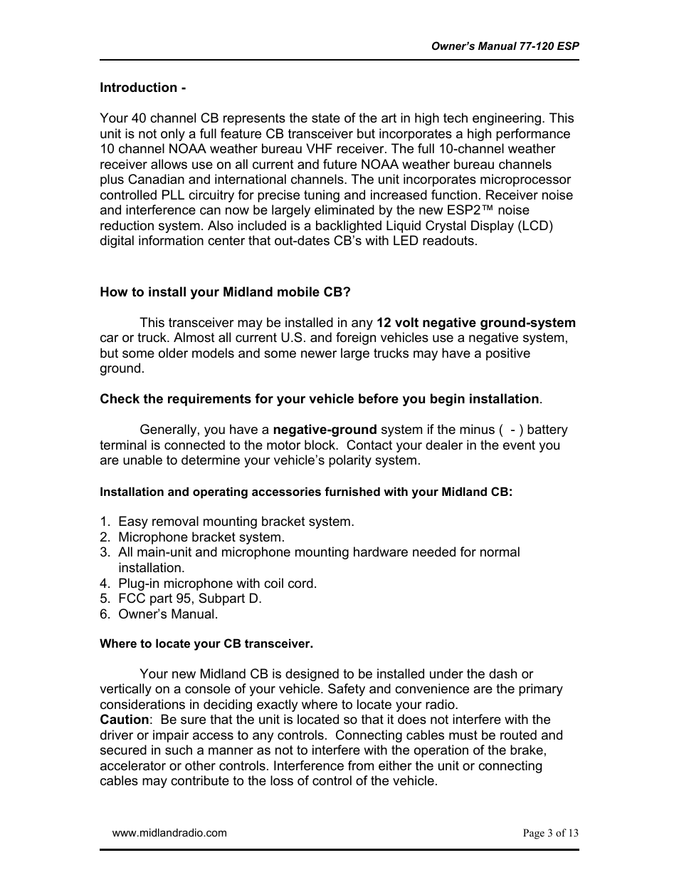 Introduction, How to install your midland cb, Check the requirments for your vehicle | Installation & operating accessories | Midland Radio 77-120ESP User Manual | Page 3 / 13